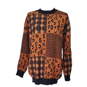 Heimish Long Sleeve Leopard Plaid Patchwork Print Sweater Orange Black Size L